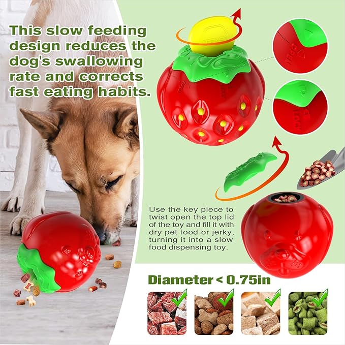 3 in 1 Large-Size Strawberry Dog Fillable Lick Treat Toy,Long-Lasting Ultimate Boredom Buster, Kibble Dispenser Food Ball & Dogs Chew Toys BPA-Free