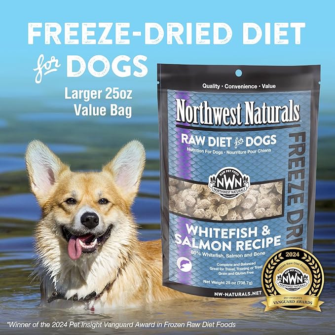 Northwest Naturals Freeze-Dried Whitefish & Salmon Dog Food - Bite-Sized Nuggets - Grain-Free, High-Protein, Raw Diet, Human-Grade Ingredients, All Natural, Omega-3 for Skin & Coat, Made in USA, 25 Oz