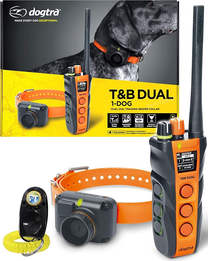 Dogtra T&B Dual Dial 1-Dog Remote Training and Beeper Collar - 1.5-Mile-Long Range, Sports Upland Hunting, Fully Waterproof, Rechargeable, Static, Locate - Includes PetsTEK Trainer Clicker