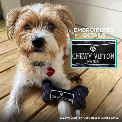 Haute Diggity Dog Black Checker Chewy Vuiton Bone, Plush Designer Dog Toys with Interactive Squeaker, Stimulating Pet Enrichment, Machine-Washable & Safe Materials for All Breeds, Size Small