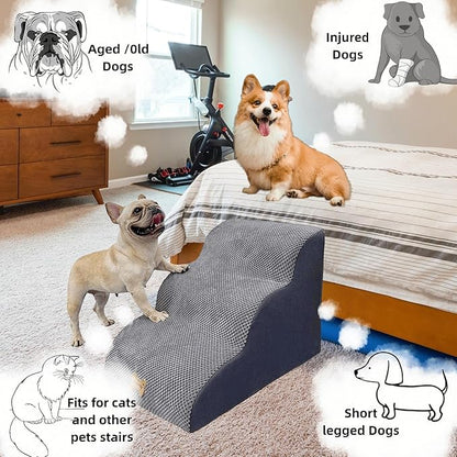 Dog Stairs to high beds, 3-step dog stairs for dogs to get on bed couch high 16"-20 inch, dog pet stairs for small large dogs cats climbing to bed, Non-Slip balanced doggy Grey (23.7*15.8*15.8 IN 33D)