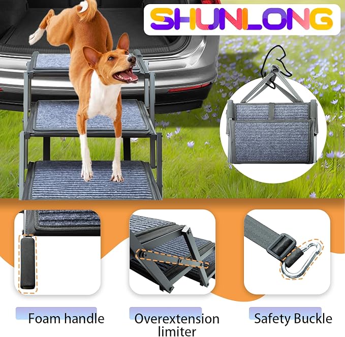 Extra Wide Dog Ramp for Car Truck and SUV Dog Stairs for Large Dogs Folding Pet Stairs with Non-Slip Rug Surface Supports Up to 280 lbs (Wide 5 Steps)