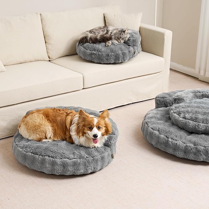 EHEYCIGA Medium Dog Bed and Large Cat Couch – Fluffy Faux Rabbit Fur Pet Sofa for Small and Medium Dogs, Washable Removable Cover, Waterproof and Non-Slip, 30 Inch, Grey