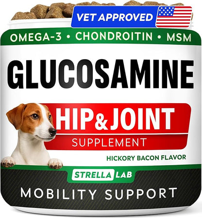 Glucosamine Treats for Dogs - Joint Supplement w/Omega-3 Fish Oil - Chondroitin, MSM - Advanced Mobility Chews - Joint Pain Relief - Hip & Joint Care - Hickory Bacon Flavor - 120 Ct - Made in USA