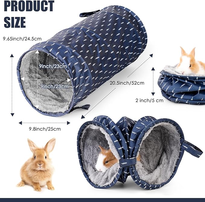 Rabbit Tunnel - Guinea Pig Tunnel, Guinea Pig Tube, 2-Way Small Pet Play Tube, Folds Flat for Storage, Ideal for Adult Small Pets, Dark Blue, Leaf Pattern