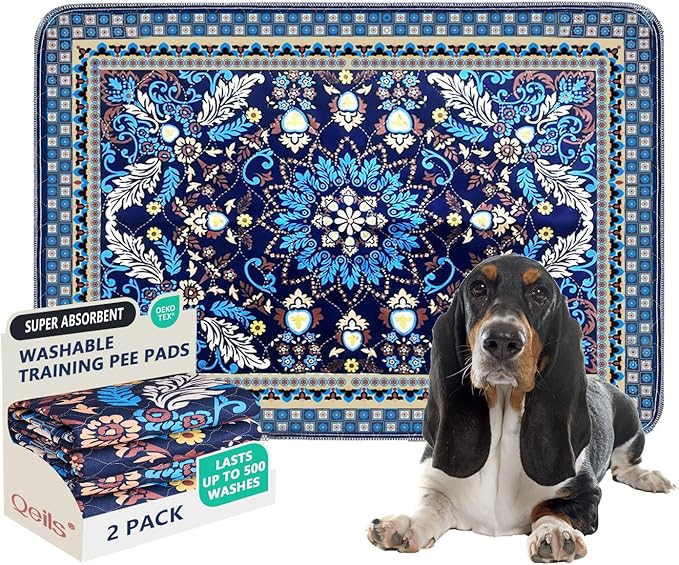 Qeils Washable Pee Pads, Reusable Puppy Pads Super Absorbent Leakproof Dog Training Pads, Non-Slip Wee Wee Pads for Crate, Floor, Potty Pads Feeding Mat Dog Pee 2 Pack 36"x24"