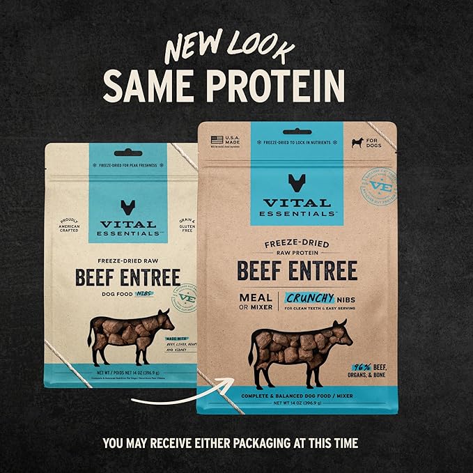 Vital Essentials Freeze-Dried Raw Beef Crunchy Nibs | Complete Meal or Mixer Dog Food | 14 oz