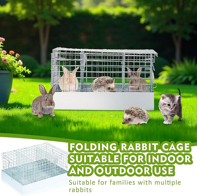 DoubleFill 3 Hole Folding Rabbit Cage, Portable Bunny Carrier with Tray and Handles for Transport, Trave or Temporary Housing, Indoor Outdoor Pet Habitat Animal Enclosure (Sliver,24 x 14 x 12 in)