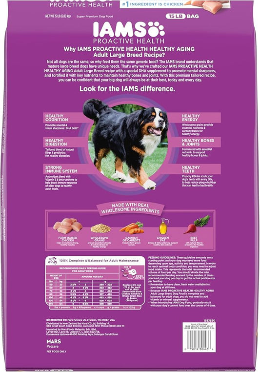 IAMS Proactive Health Healthy Aging Large Breed Dog Food for Mature and Senior Dogs with Real Chicken, 15 lb. Bag