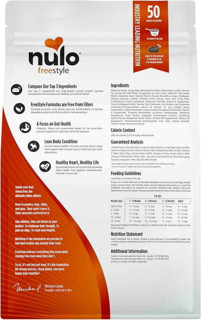 Nulo Freestyle High Protein Cat & Kitten Food, Turkey & Duck Recipe - Natural Grain-Free Dry Cat Food with Omega Fatty Acids & Probiotics, 4 lb Bag