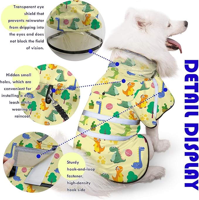 Dog Raincoat, Adjustable Rain Jacket with Hooded Double Layer for Large Medium Small Dogs Puppies, Lightweight Waterproof Rain Coat Poncho with Reflective Stripe Dinosaurs Yellow,XL