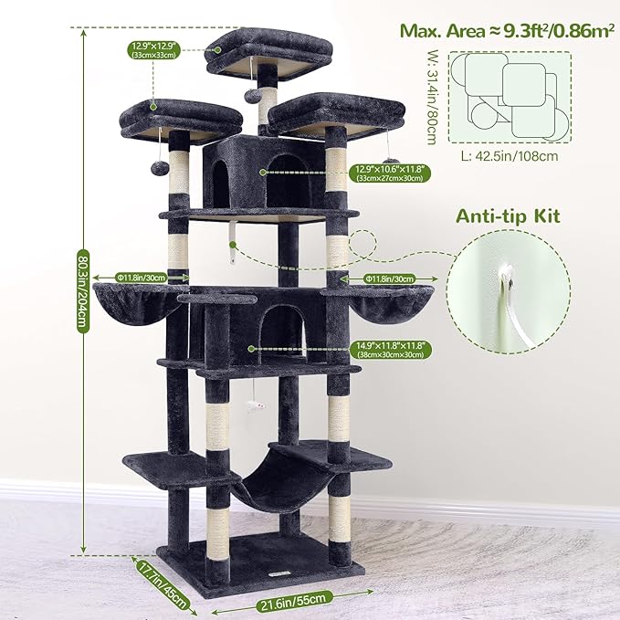 Globlazer Big Cat Tower for Indoor Cats, 80inch Cat Tower for Multiple Adult Cats XXL Cat Tree with Scratching Post, Hammock, 3 Perches, 2 Condos, 2 Hanging Basket, F80, Dark Grey