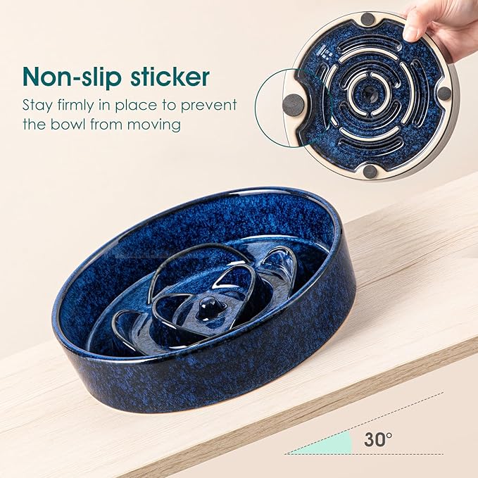 vancasso Slow Feeder Dog Bowl, 0.6 Cups Ceramic Dog Food Dish for Fast Eaters Small Breed, Puzzle Bowl for Small Dogs and Cats, Blue