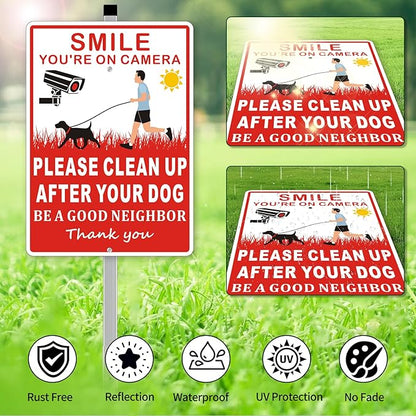 (2 Pack) Clean Up After Your Dog Signs, Please Pick Up After Your Dog Sign for Yard, No Pooping Dogs Signage -10x35 Heavy Duty Aluminum Weather Resistant and Easy to Install with Stake (Red)