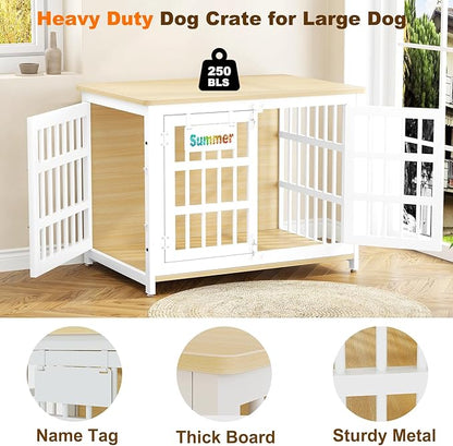 EasyCom 33" Dog Crate Furniture with Name Tag, Heavy Duty Dog Kennel Indoor for Medium and Small Dogs, Double-Doors Sturdy Metal Dog Cage, Decorate House as TV Stand, End Table, Bedside Table
