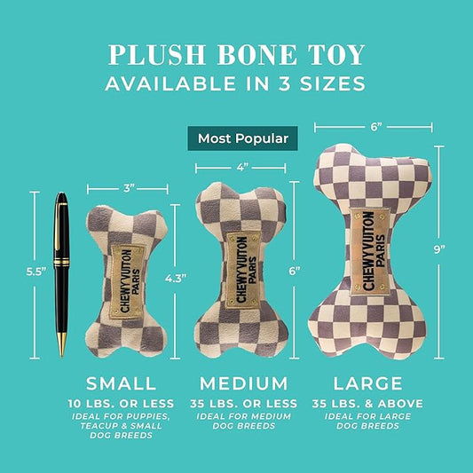Haute Diggity Dog Checker Chewy Vuiton Bone, Plush Designer Dog Toys with Interactive Squeaker, Stimulating Pet Enrichment, Machine-Washable & Safe Materials for All Breeds, Size Small