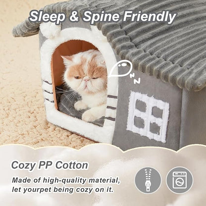 Jiupety Bear Cat Houses for Indoor Cats, Chimney Cute Cat Bed Cave, Enough Interior Space, Cartoon Soft Pet House Up to 3-7 lbs Kitten, Gray