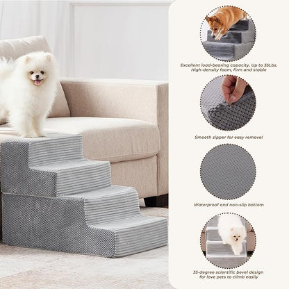 HYLEORY Dog Stairs for Bed 18''H, 4-Step Pet Stairs for Small Dogs & Cats, Sturdy Pet Steps with Non-Slip Bottom, Functional Portable Dog Ramp for Couch/Chair/Sofa/Car, Storage Pocket, Light Grey