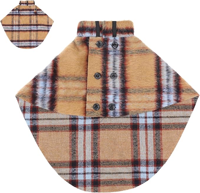 Dog Wool-Blend Luxury Cloak, Timeless Warm Plaid Coat Winter Fall Clothes Outfit Clothing Fits Small & Large Breeds Christmas Valentine Gift (Camel,M)
