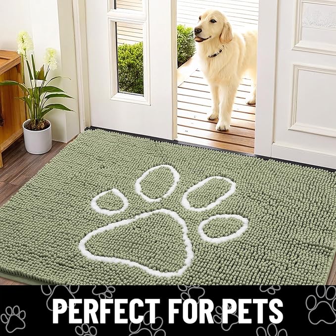 Smiry Dog Door Mat for Muddy Paws, Absorbent Dirt Trapper Non Slip Quick Dry Washable Chenille Mat for Mud Dogs, Entry Rug for Indoor and Outdoor (47x32 Inches, Sage Green and White)