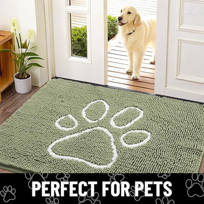Smiry Dog Door Mat for Muddy Paws, Absorbent Dirt Trapper Non Slip Quick Dry Washable Chenille Mat for Mud Dogs, Entry Rug for Indoor and Outdoor (47x32 Inches, Sage Green and White)