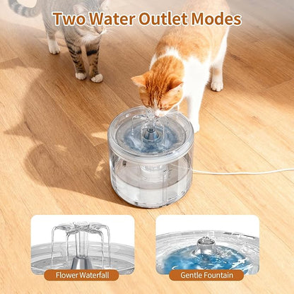 Cat Fountain, 2.6l/87oz Pet Water Fountain Clear Plastic Water Fountains for Cats Indoor with Flower Waterfall Dog Water Fountain Spout with Silent Pump