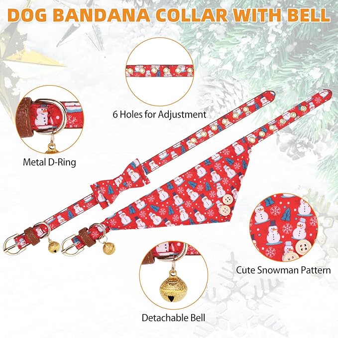 KOOLTAIL Christmas Dog Collar and Leash Set with Bowtie and Bells - Puppy Collar and Leash for Boy Girl with Snowman Matching Pattern, Soft Leather Tangle Free Leashes for Small Dogs,Cats