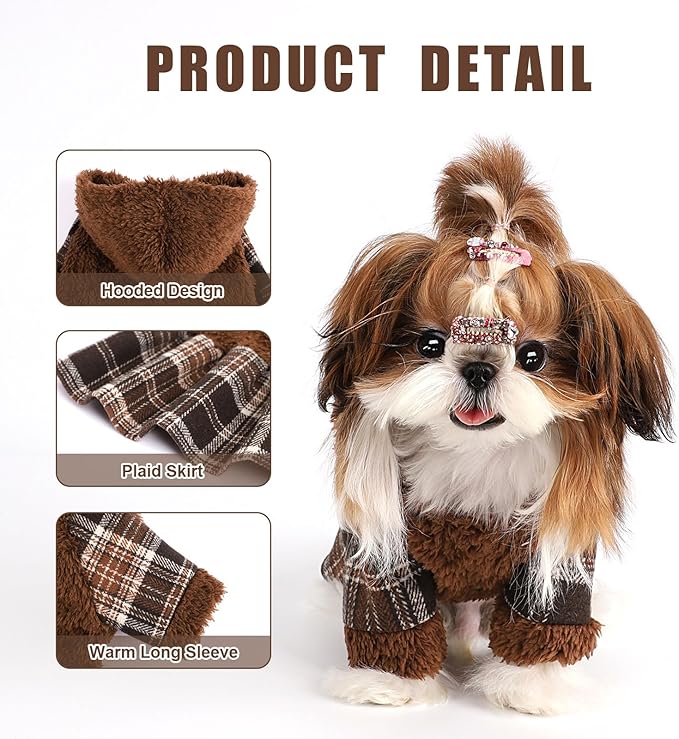 Dog Dress, Cute Warm Fleece Hooded Sweater for Small Dogs Girl, Plaid Puppy Dresses Clothes Chihuahua Yorkie Cat Apparel （Brown,S