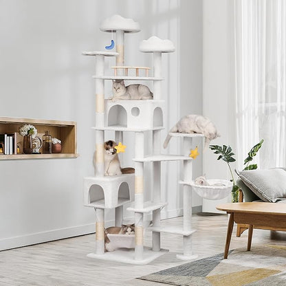 79in Tall Cat Tower for Heavy Duty Big Cats, Large Cat Tree with Scratching Post, Plush Perches, Cozy Cat Condos & Hanging Hammocks for Maine Coon, White