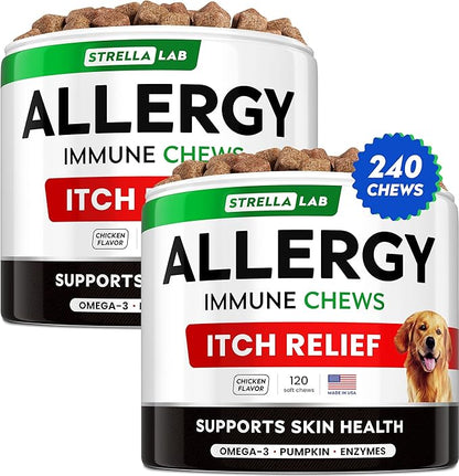 StrellaLab Dog Allergy Relief & Anti Itch Support Chews w/Omega 3: Real Ingredients, Real Taste! Skin & Coat Immune Supplement w/Fish Oil, Pumpkin & Enzymes — Developed by Experts - Made in USA -240Ct