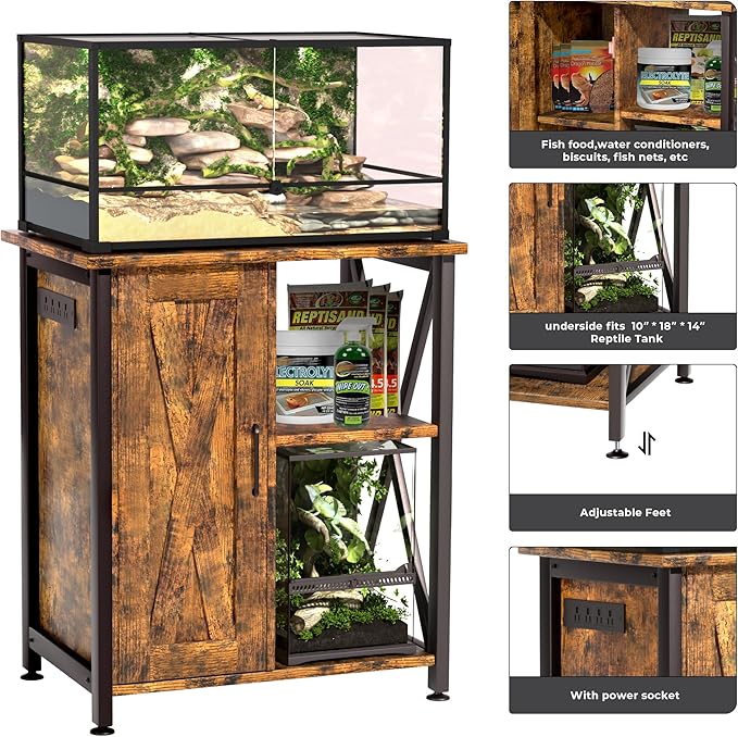 Herture 45-67 Gallon Reptile Tank Stand with Power Outlet, Terrarium Stand with Storage Cabinet, 24" Wx18 D Tabletop, Reptile Terrarium, Rustic Brown PG12XYN