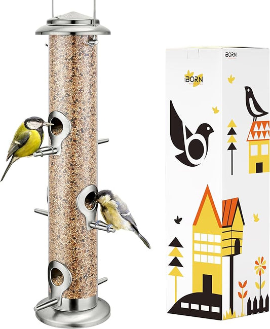 iBorn Metal Bird Feeders 6 Ports Hanging Wild Bird Seed Feeder for Mix Seed Blends,Seed Feeder, Sunflower Heart, Birdbath, Heavy Duty All Metal Nickel Finishing 15 Inch 6Port