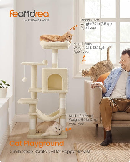 Feandrea Cat Tree, 44.1-Inch Cat Tower, Plush Multi-Level Condo with 4 Scratching Posts, 2 Perches, Hammock, Cave, Beige UPCT261M01
