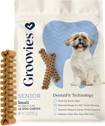 Groovies Slightly Softer, Yet Flexible Dental Chew for Senior Dogs & Delicate Chewers. Powered by USA-Patented DentalFit Tech. No Added Gluten, No Artificial Flavors or Colors. 6oz Small (22Chews)