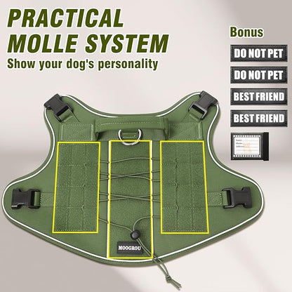 Tactical Dog Harness Medium Sized Dog,No Pull Military Dog Vest with Handle&Molle,Reflective Heavy Duty Pet Harness for K9 Working Walking Hiking Training Green M
