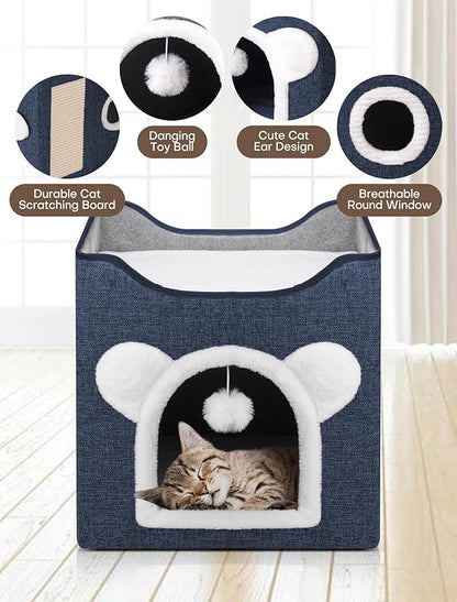 Cat Houses for Indoor Cats, Large Cat Cave with Fluffy Ball and Scratch Pad, Covered Cat Bed House, Foldable Cat Hideaway
