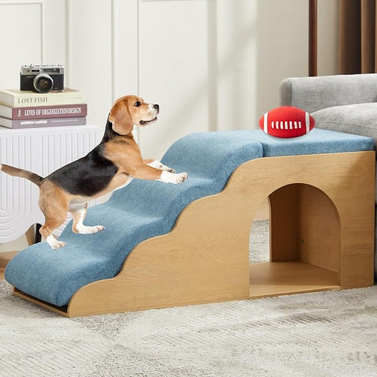 40.9" Lx15.7 Wx17.7 H Dog Ramp and Stairs for Beds,Up to 200 lbs Durable Wooden Dog Steps with Storage&Hideout Space,Curved Pet Stairs for Couch,Sofa, with Washable Cover&High Density Foam-Blue