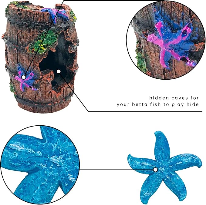 GSD Star-Fish Broken Barrel Decor Resin Betta Tank Accessories Ornaments for Cave Hide Decorations, Broken Barrel x 1pc, Blue Star Fish Ornaments x 2pcs