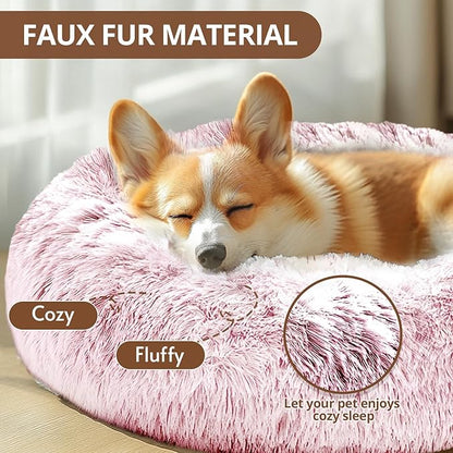 JOLLYVOGUE Small Dog & Cat Beds for Indoor Cats, Donut Cuddler Warming Soft Dog Beds with Anti-Slip Bottom, Round Calming Fluffy Plush Faux Fur Cushion Bed for Medium Dogs (31", Smoke Pink)