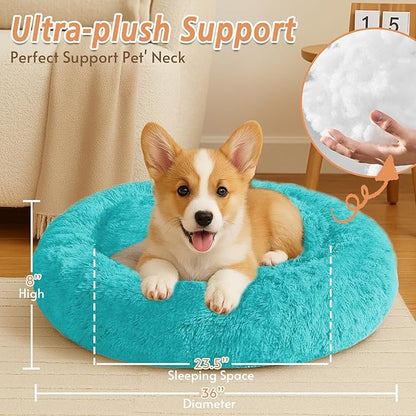 JOLLYVOGUE Small Dog & Cat Beds for Indoor Cats, Donut Cuddler Warming Soft Dog Beds with Anti-Slip Bottom, Round Calming Fluffy Plush Faux Fur Cushion Bed for Large Dogs (36", Aqua Blue)