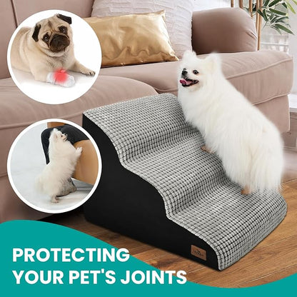 Dog Stairs for Small Dogs, 15.8 in H 3 Step Curved Dog Ramp for High Bed and Couch, Foam Dog Ramp with Durable Non-Slip Waterproof Fabric Cover, Pet Stairs for Pets Joints, Light Grey