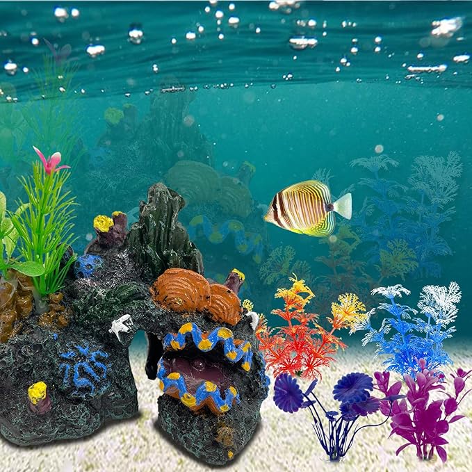 PINVNBY Aquarium Coral Reef Decor Resin Fish Tank Decorations Rock Mountain Cave Ornaments for Goldfish Betta Fish Sleep Rest Hide Play Breed with 4 PCS Aquatic Plants (Small Size)