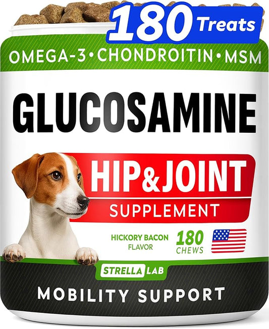 Glucosamine Treats for Dogs - Joint Supplement w/Omega-3 Fish Oil - Chondroitin, MSM - Advanced Mobility Chews - Joint Pain Relief - Hip & Joint Care - Hickory Bacon Flavor - 180 Ct - Made in USA