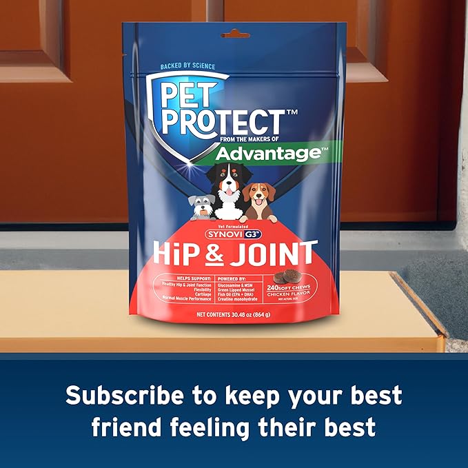 Pet Protect Dog Hip & Joint Supplement for Occasional Joint Stiffness, Vet-Formulated Synovi G3, Dog Glucosamine, Chicken-Flavored Soft Chews (240 Count)