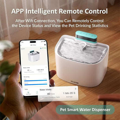 PET LAYSON Pumpless Cat Water Fountain, App Remote Control Smart Cordless Rechargeable Battery Operated, 3.6L/122oz 2.4G Wi-Fi Dog Water Dispenser 2 Filters,2 Nozzles(White, M1 Pro)