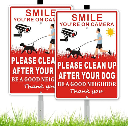 (2 Pack) Clean Up After Your Dog Signs, Please Pick Up After Your Dog Sign for Yard, No Pooping Dogs Signage -10x35 Heavy Duty Aluminum Weather Resistant and Easy to Install with Stake (Red)