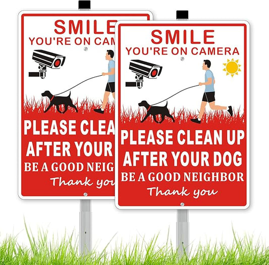 (2 Pack) Clean Up After Your Dog Signs, Please Pick Up After Your Dog Sign for Yard, No Pooping Dogs Signage -10x35 Heavy Duty Aluminum Weather Resistant and Easy to Install with Stake (Red)