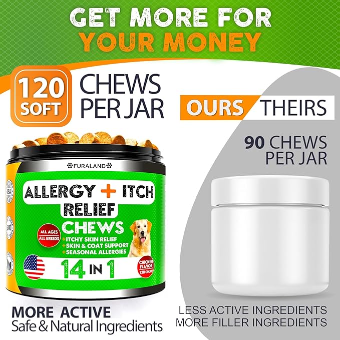 Dog Allergy Relief Chews - Dog Itch Relief - Omega 3 Fish Oil + Probiotics - Itchy Skin - Seasonal Allergies - Anti Itch Support & Hot Spots - Immune Supplement for Dogs