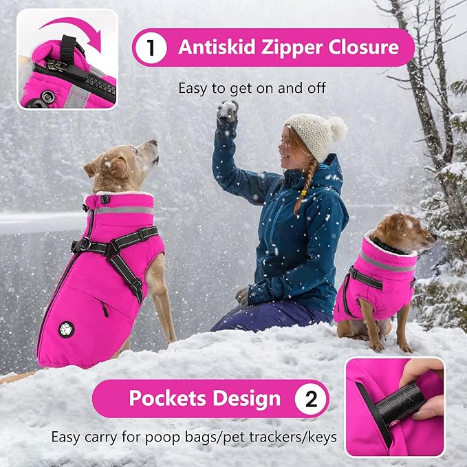 Dogcheer Dog Coat with Harness, Waterproof Dog Jacket Christmas Pet Winter Coat with Pockets, Reflective Doggy Turtleneck Fleece Jacket for Small Medium Large Dogs - Pink, XL