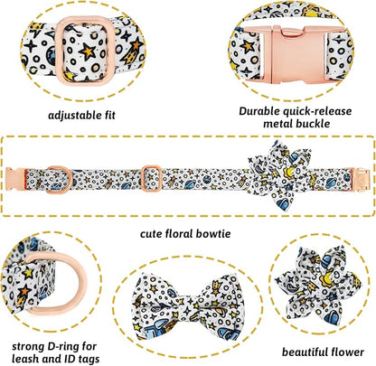 Dog Collar and Leash Set Girls Adjustable Puppy Collars with Floral Bow Tie for Small Medium Large Female Dogs, Solar System, S